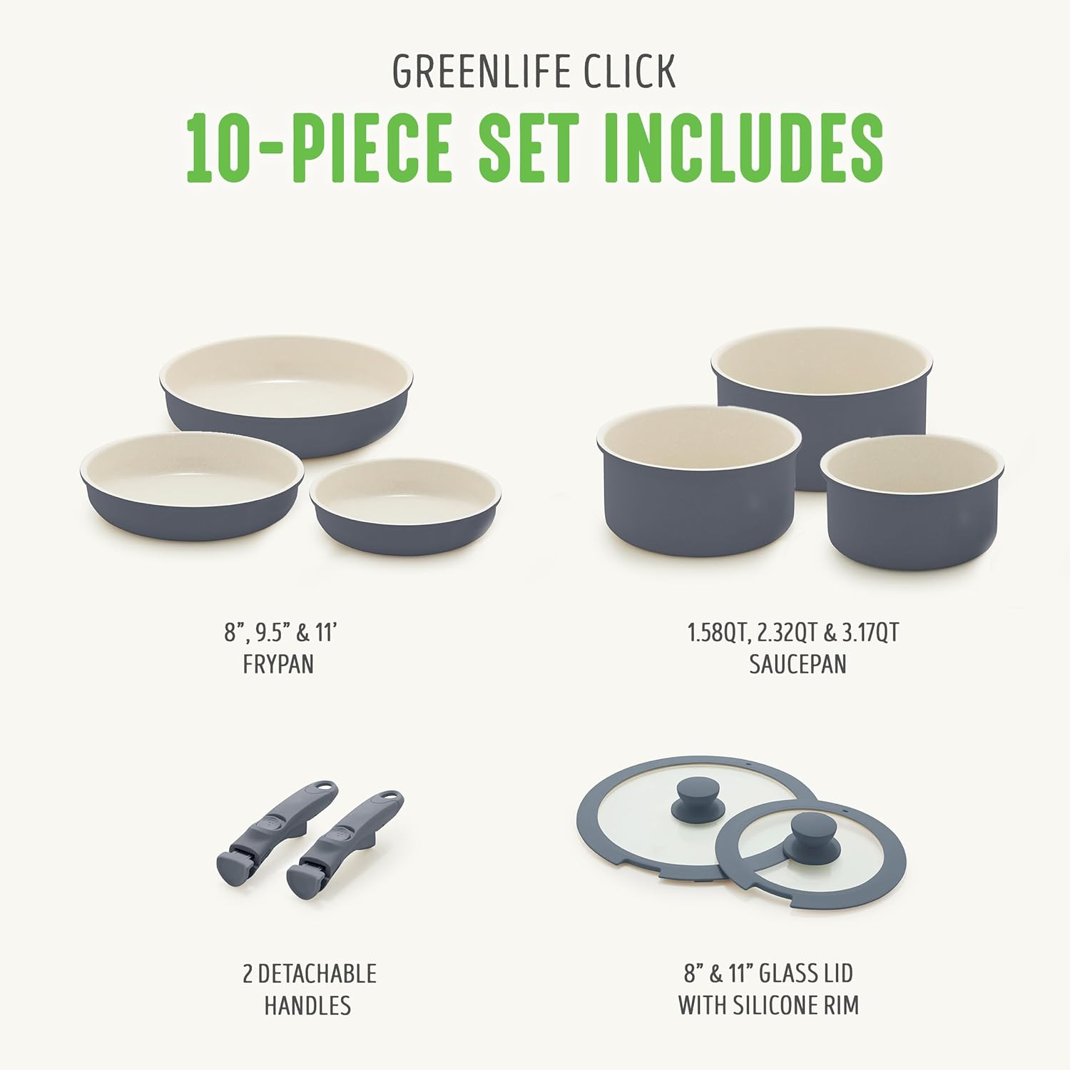 Greenlife 10 Piece Ceramic Pots and Pans Set, Nonstick Detachable & Stackable Cookware Set, Induction Kitchen Pans, Space Saving with Removable Handle, Oven Safe, Non Toxic Pfas-Free, Graphite - Greenlife image number 2