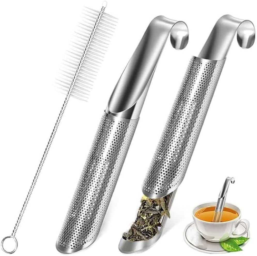 Jindizi Stainless Steel Stick Pipe Tea Steeper Strainer, with Cleaning Brush, Silver, 2 Pack image number 4