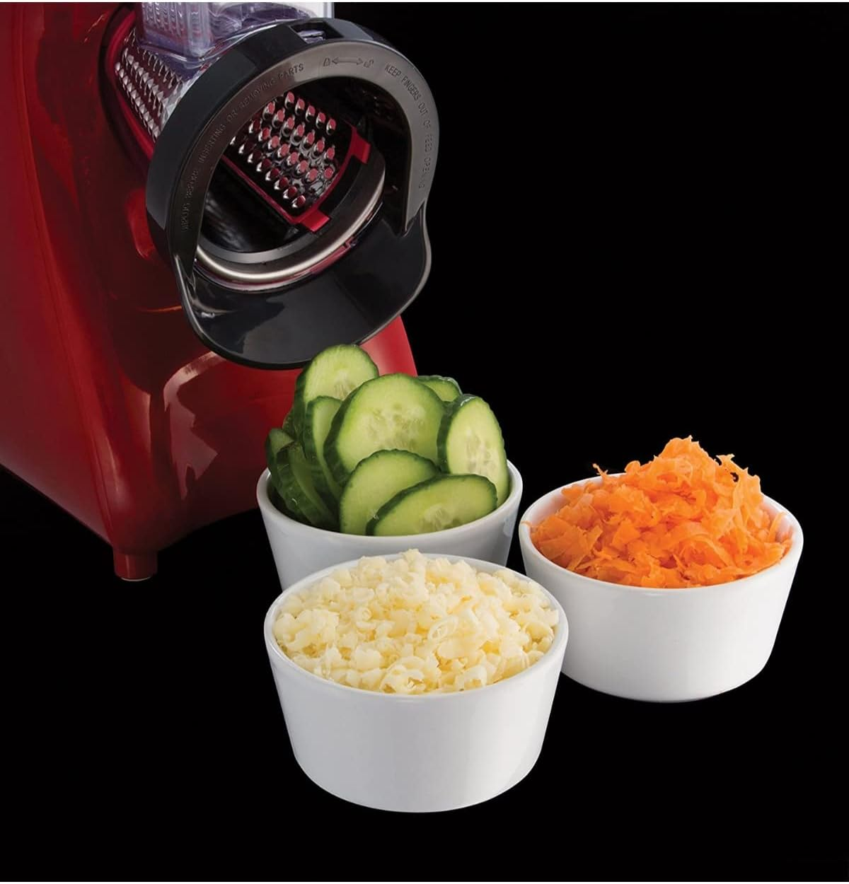 Russell Hobbs Electric Vegetable Cutter [Schnitzel with 3 Graters: Coarse & Fine, Slices] Desire Red (BPA Free & Dishwasher Safe, Grater & Rasp) Chopper & Kitchen Grater 22280-56 image number 3