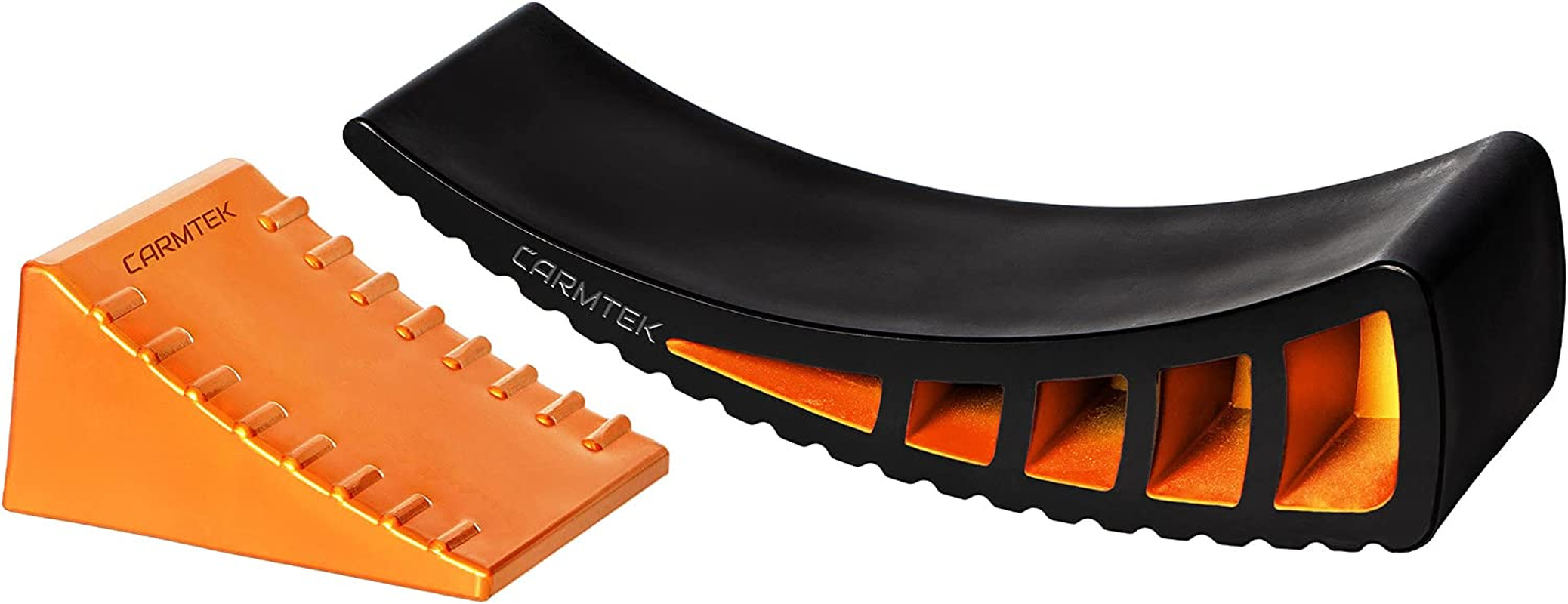 CARMTEK Camper Leveler 2-Pack Kit | Curved RV Levelers with Trailer Wheel Chocks for Dual Axle Trailers | Faster RV Leveling System than RV Leveling Blocks | RV Accessories for Travel Trailers