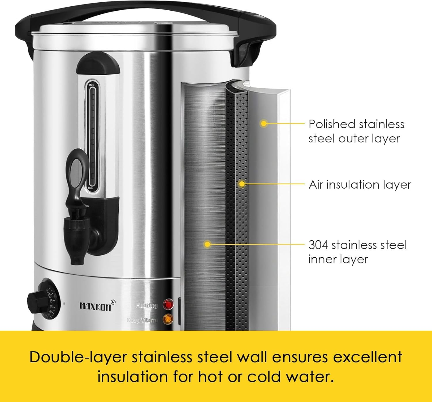 Maxkon 23.8L Urn Kettle Water Dispenser Instant Hot Cold Tea Coffee Maker Commercial Home Camping Boiler Machine Stainless Steel with Tap image number 3