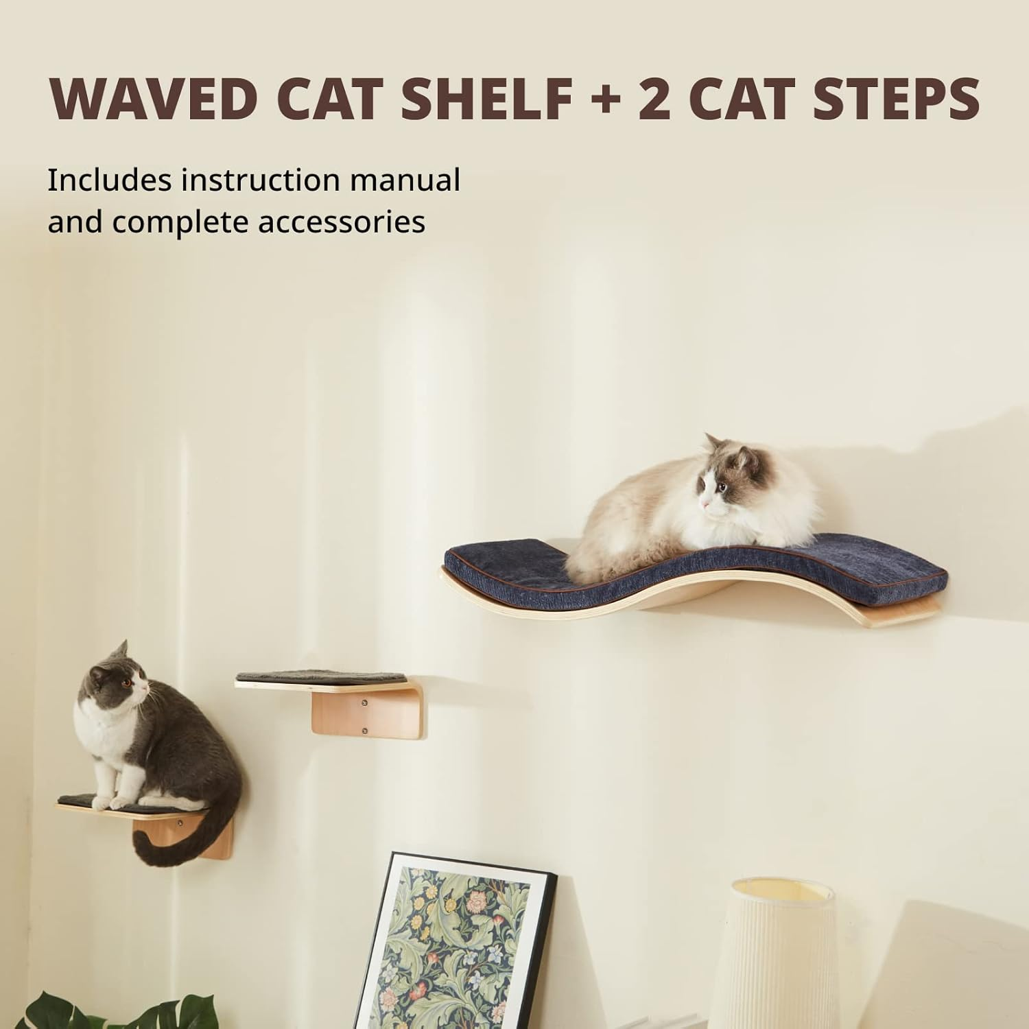 LIORCE Cat Wall Shelf with Two Steps - Wave Cat Shelves and Perches for Wall - Wall Mounted Cats Furniture for Sleeping, Playing, Climbing, and Lounging image number 3