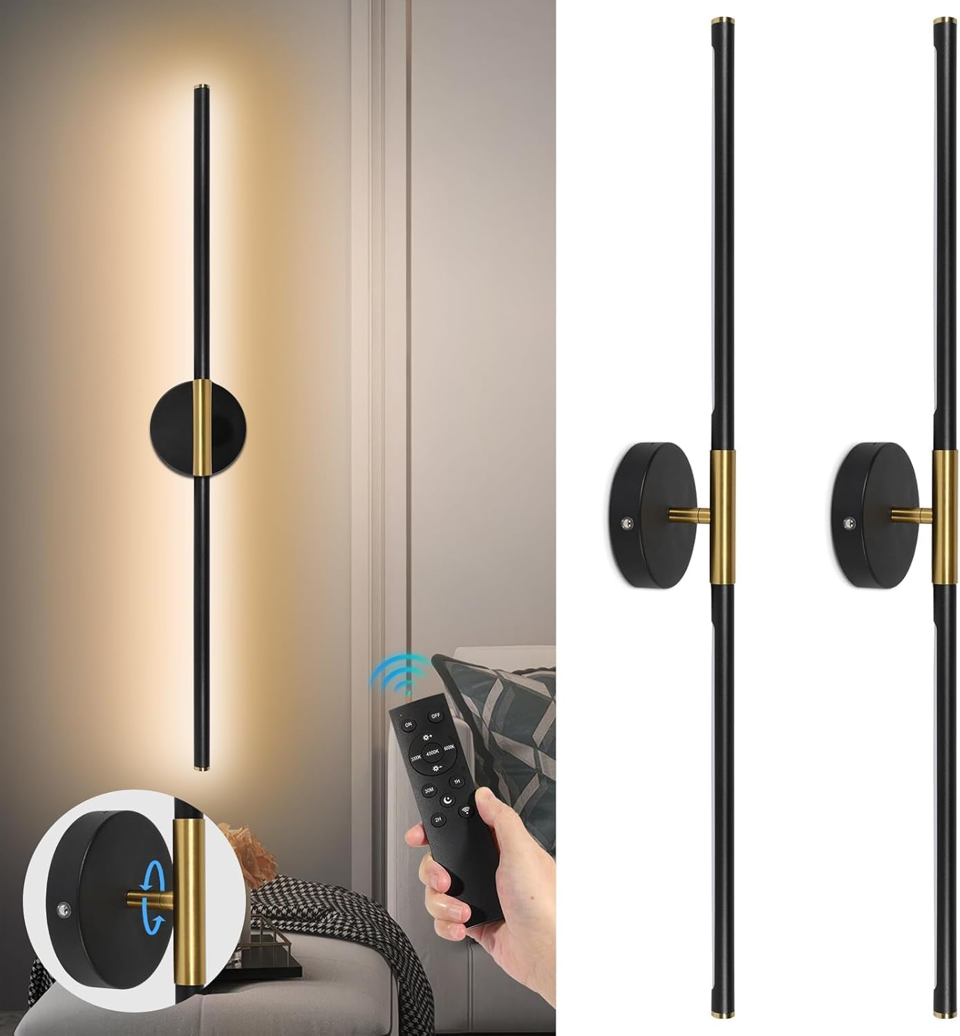 Battery Operated Wall Sconces Set of Two, 360&deg;Rotate Wireless Rechargeable Wall Sconces with Remote Control, Black Gold, Dimmable, Timing Decor Lights for Bedroom Hallway, 28.5 Inch image number 6