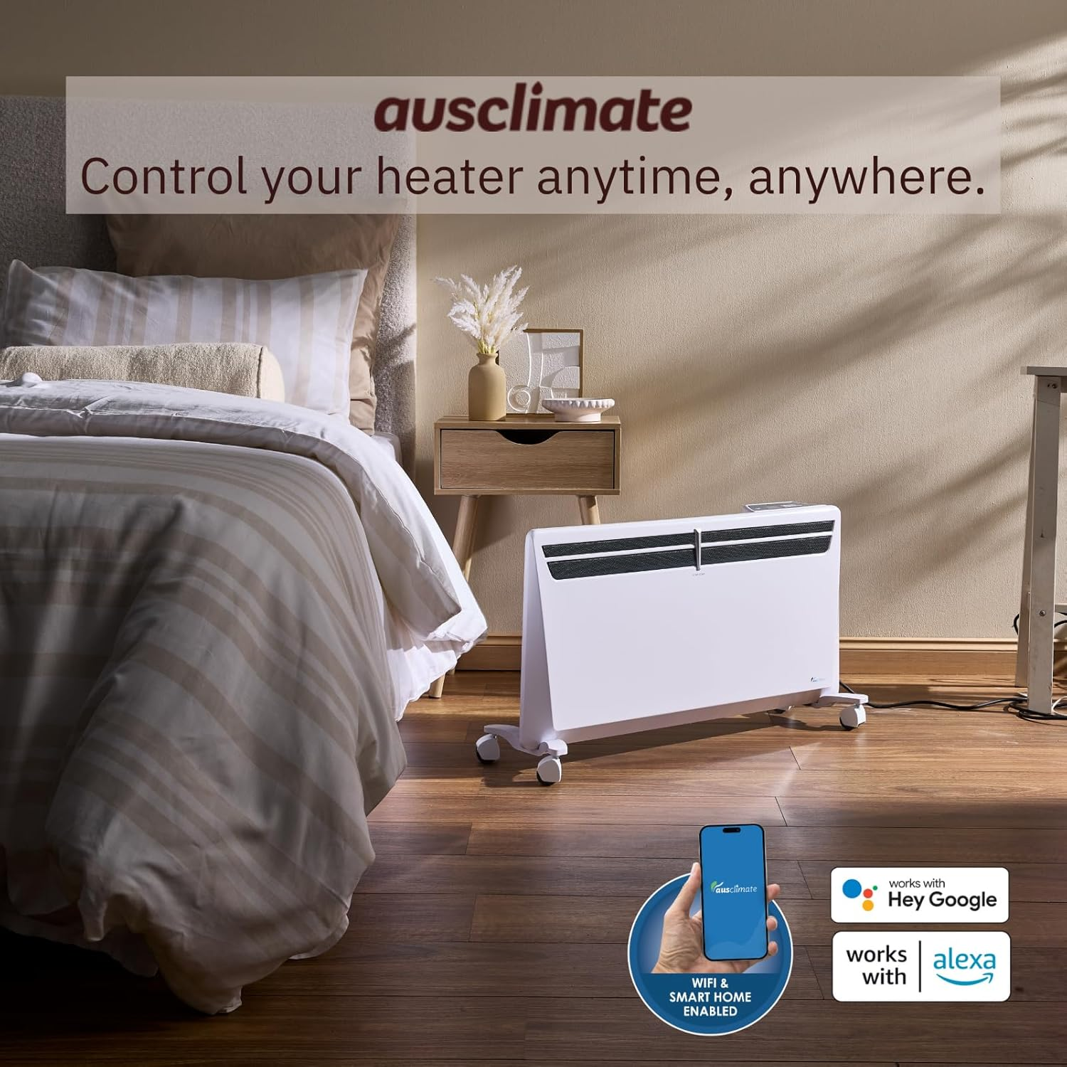 Ausclimate 2000W Smart Inverter Metal Panel Heater, Home Heater with 24-Hour Timer, Suitable for Medium-Sized Rooms up to 30M2, Compatible with Alexa and Google Home, White