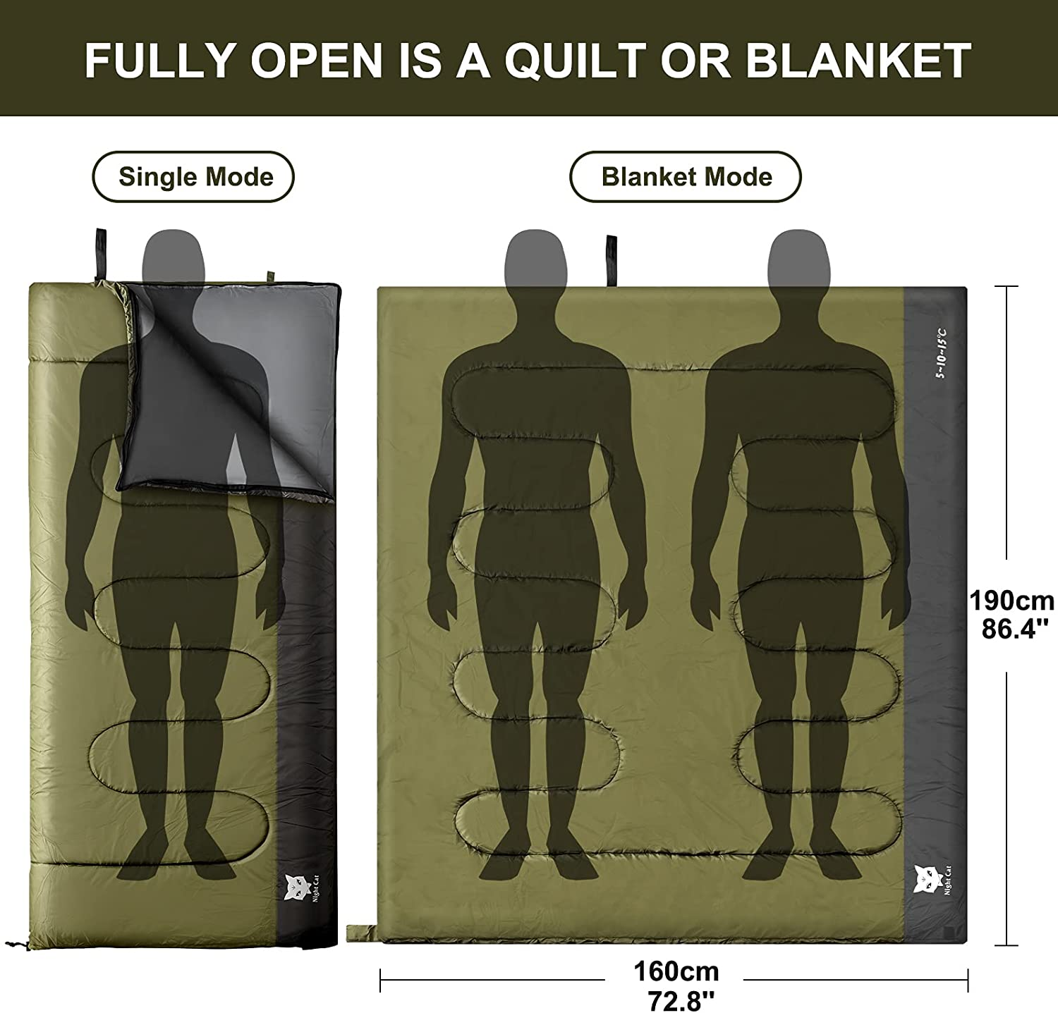 Night Cat Camping Sleeping Bag for Adults 3 Seasons Portable Lightweight Backpacking Hiking Traveling Indoor Outdoor Recommend 5℃-15℃ 80X190Cm Switch to a Quilt or Blanket