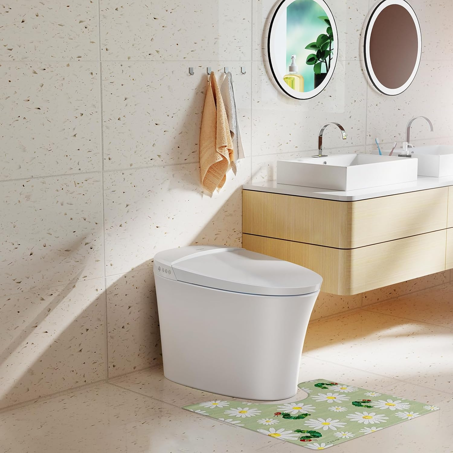 Colorful PVC Kitchen Mats, Non Slip Kitchen Mats for Floor Cushioned Kitchen Rugs and Mats, Waterproof Toilet Mat for Kitchen,Home, Bathroom,Floor,Sink,Laundry (Green Flower, 55 * 60Cm)