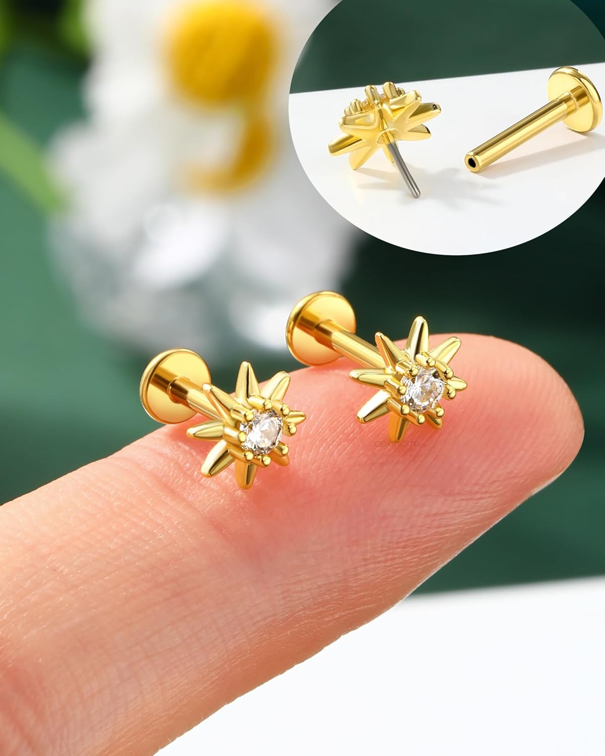 COCHARM Helix/Tragus/Conch/Cartilage Piercing Jewellery 16G 6Mm/8Mm - Threadless Star Tragus/Cartilage Earring Stud with Flat Back, Push Pin Surgical Steel Lobe Jewellery in Gold & Silver image number 6