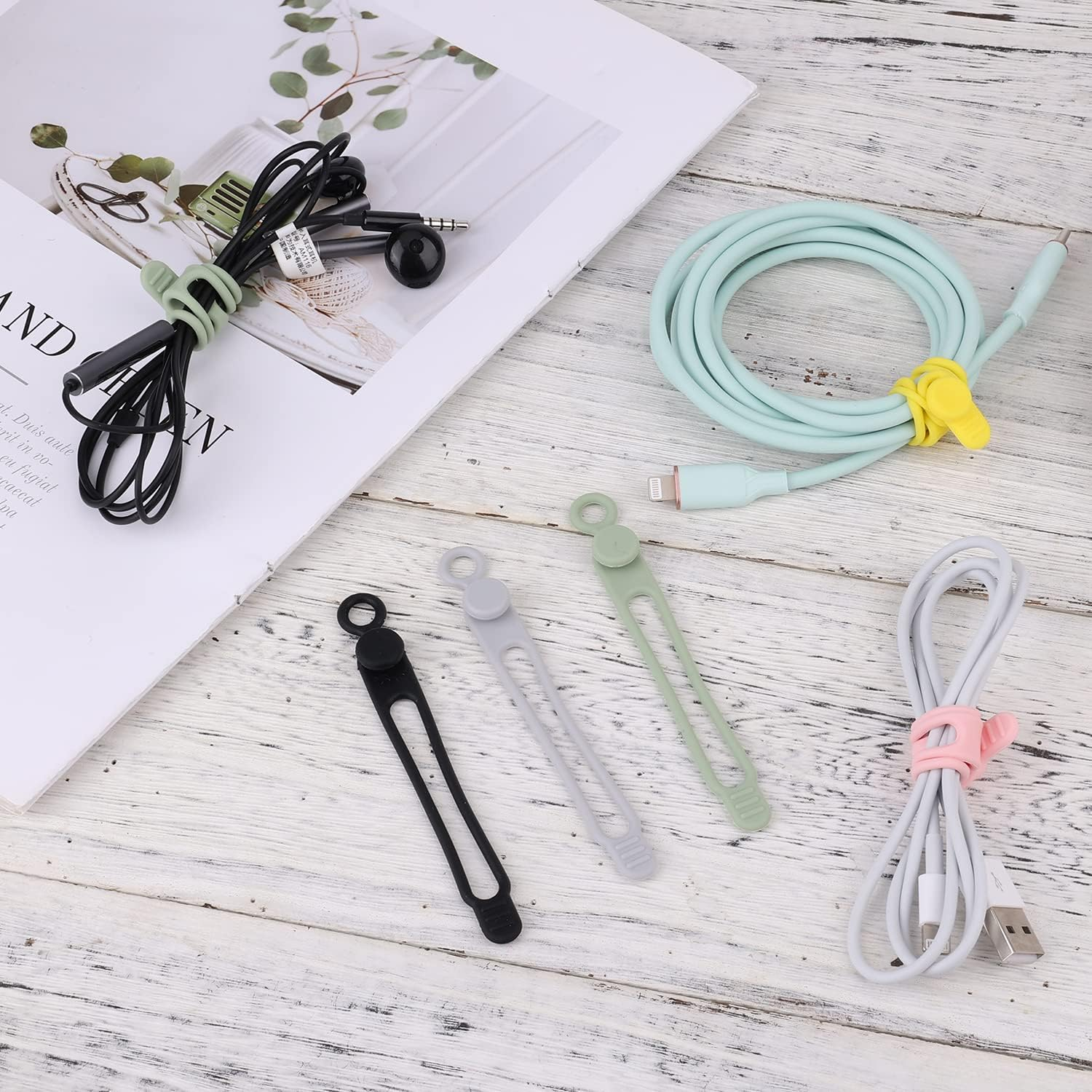 KINBOM 12Pcs Silicone Cable Straps, Reusable Wire Ties Multipurpose Cord Organizer Straps Stretchy Cord Keeper for Earphone, Phone Charger, USB Cables, Kitchen Appliances, Pencil (6 Colors) image number 3