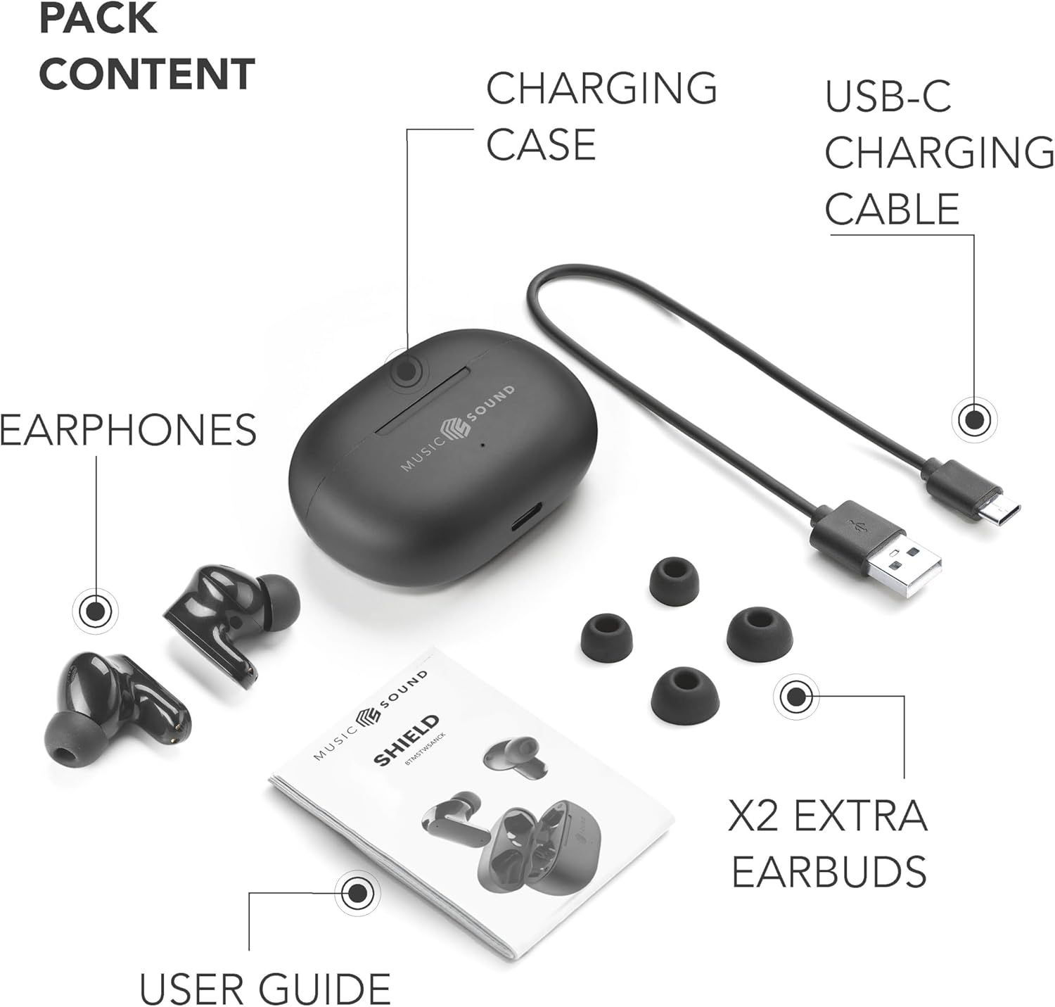 Music Sound - TWS Bluetooth Shield Headphones - Wireless - In-Ear Design - ANC Active Noise Cancelling Technology - Playtime 30 Hours - Transparency Mode - Black