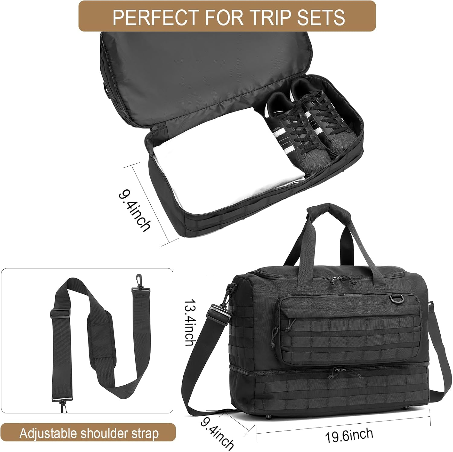 Travel Bag for Men,Military Tactical Gym Duffle Bag with Shoe Compartment Tactical Duffle Bags for Travel Carry on Bag Weekender Overnight Sport Duffel Range Bag for Workout-Black image number 1