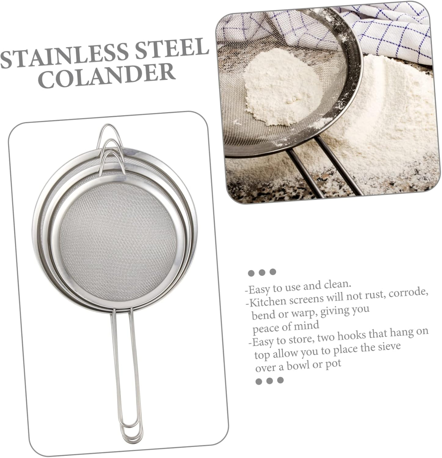GRIRIW 3Pcs High Efficiency Stainless Steel Colander Fine Mesh Sieve for Flour Sifting Kitchen Accessory image number 2