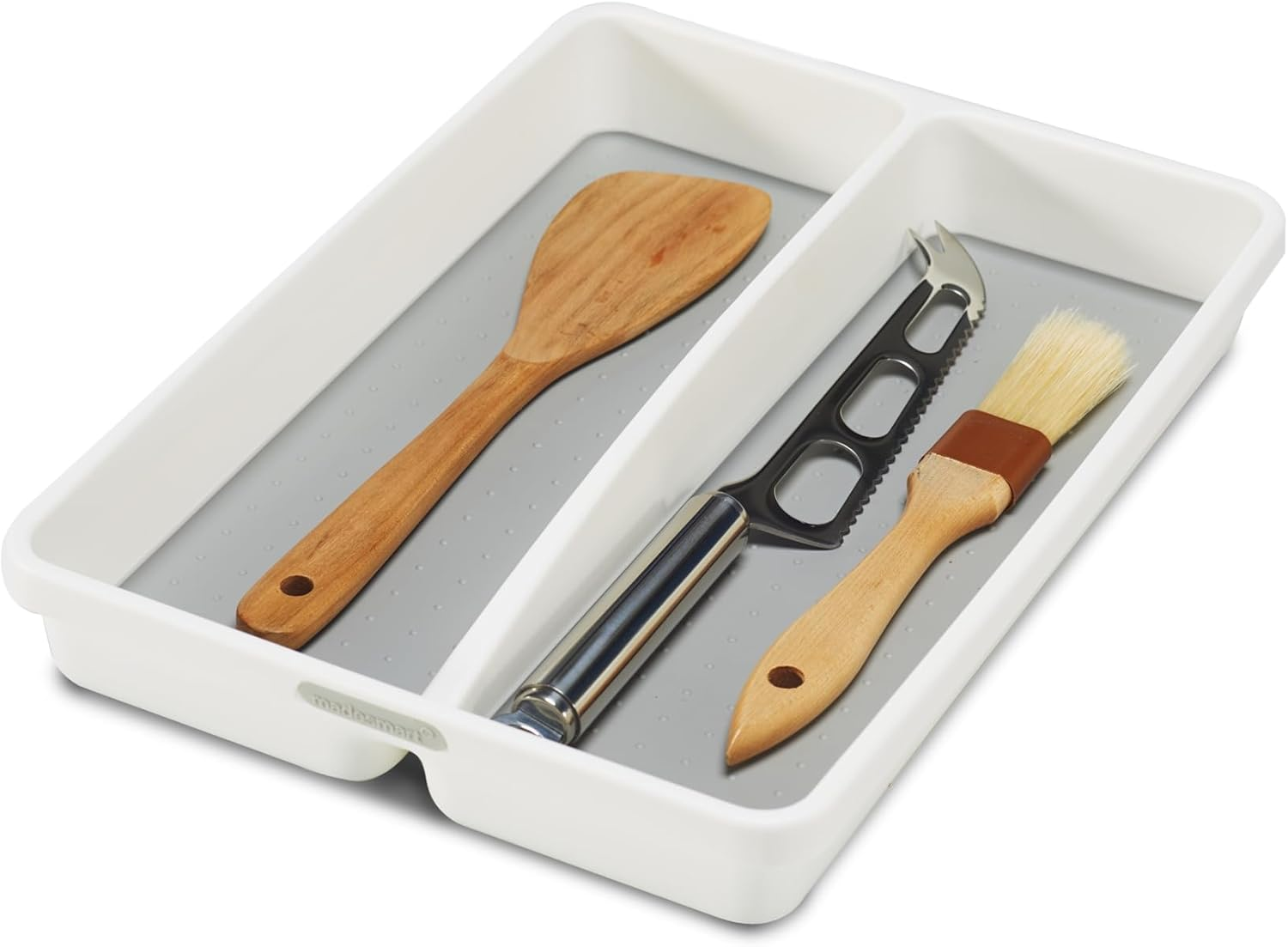 Madesmart Premium Antimicrobial Classic Mini Utensil Tray, Soft Grip, Non-Slip Kitchen Drawer Organizer, 2 Compartments, Multi-Purpose Home Organization, EPA Certified, White image number 1