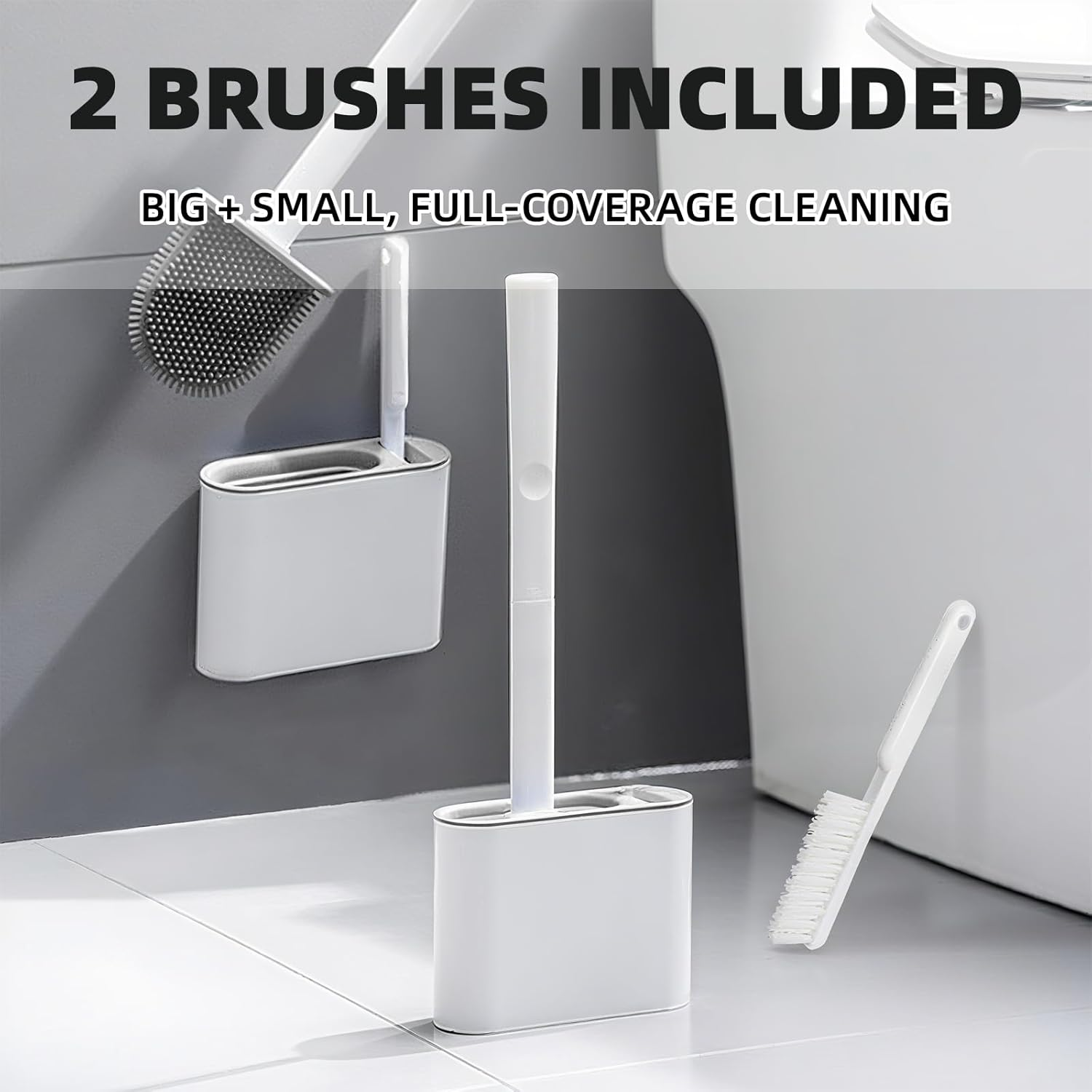 2 Pcs Toilet Brush and Holder Silicone Wall Mounted Toilet Brush for Bathroom, Set of 2 Cleaning Brushes, Flexible TPR Bristles (White) image number 5