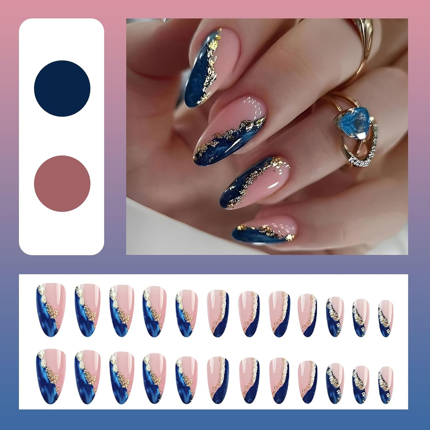 Kabwea 24 Pieces Artificial Acrylic Nails with Gold Foil and Blue Marble, Medium Almond-Shaped Press-On Nails, Fake Nails, Press on Nail