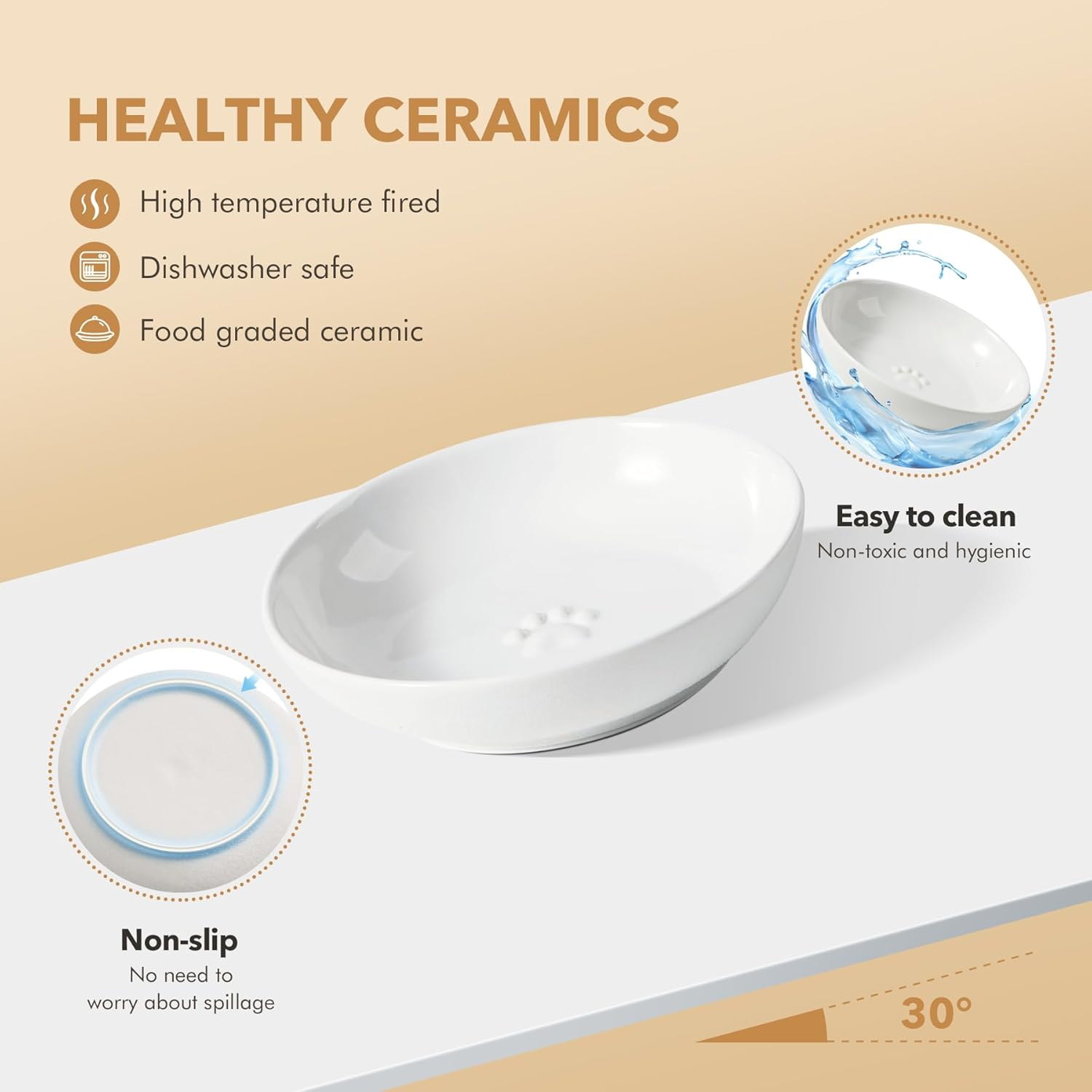 Havniva Raised Ceramics Wide Whisker Friendly Cat Dishes, Food& Water Bowl with 2 Style Stand Adjustable Anti-Choking Raised Pet Bowl Set, anti Whisker Fatigue(2Dish+2Shallow Dish+Stand, White image number 1