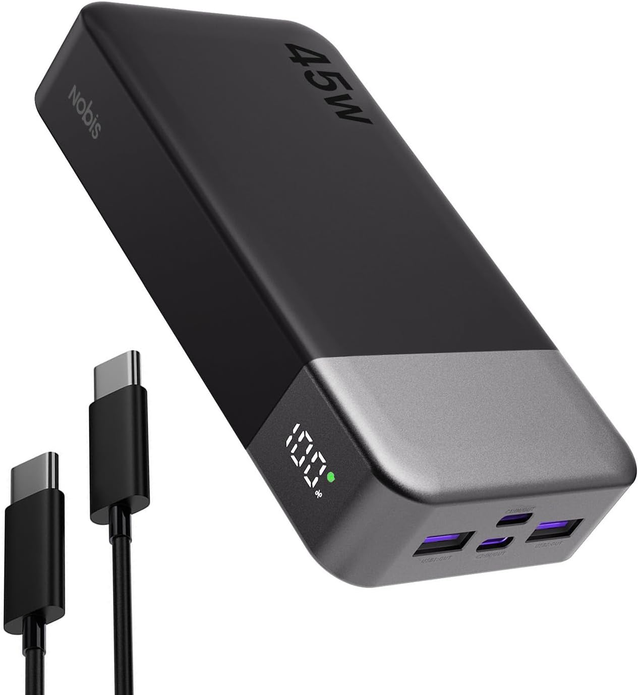 NOBIS Power Bank 45W Portable Charger 20000Mah External Battery Pack USB C Fast Charging, 4 Ports with LED Digital Display, Compatible with Laptop, Phone 15 14 13 Pro S23 S22 (Black)