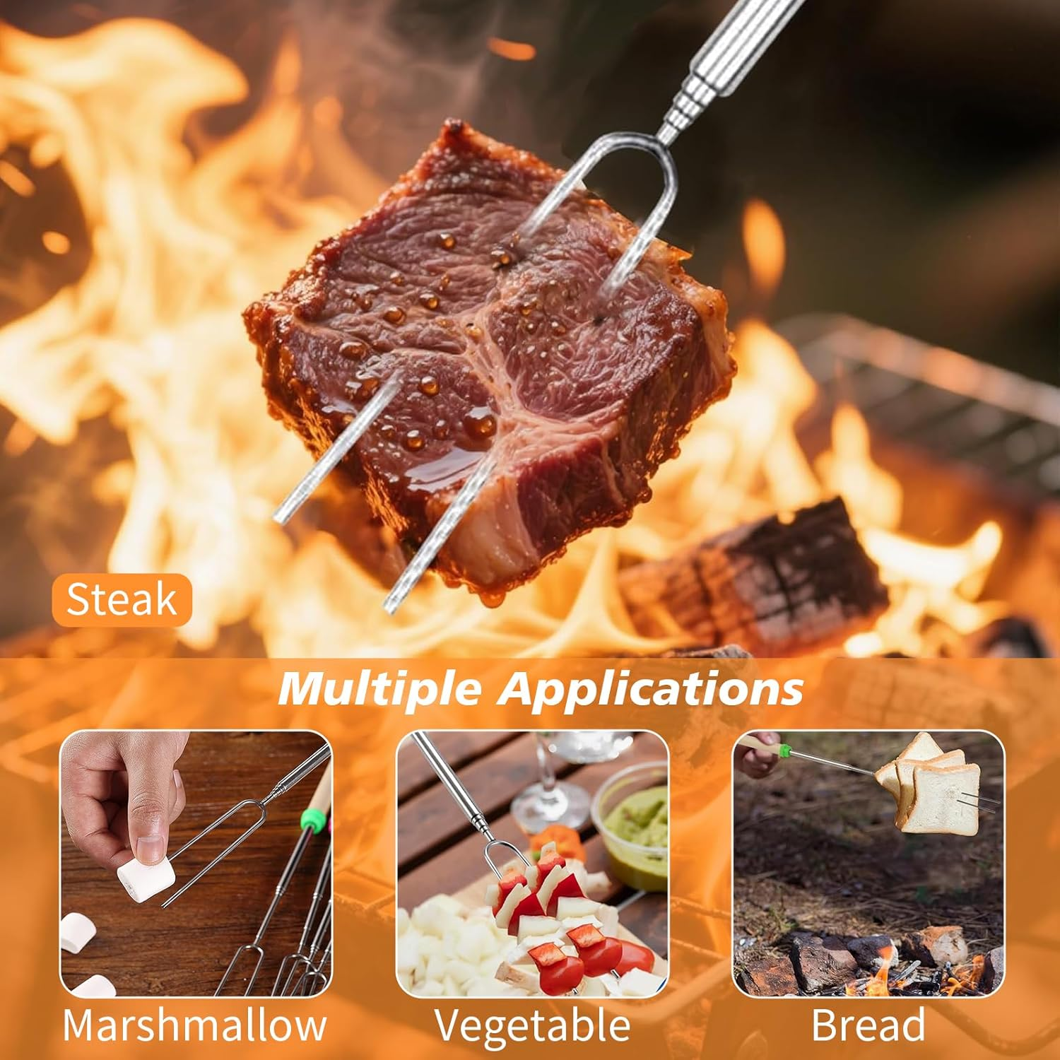 Telescoping Marshmallow Roasting Sticks, Extra-Long Scalable Smores Skewers for Campfire, Fire Pit, BBQ & Hot Dog - Stainless Steel Extendable Forks for Outdoor Cooking, Camping Picnics (4PCS)