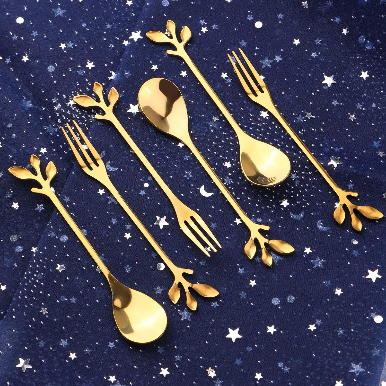 12Pcs Stainless Steel Gold Leaf Coffee Spoon and Cake Fruit Forks, Tableware Dessert Demitasse Ice-Cream Tea Spoons and Forks, Cake, Sugar Coffee Mixing Spoon and Fork Set(6 Forks + 6 Spoons) image number 6
