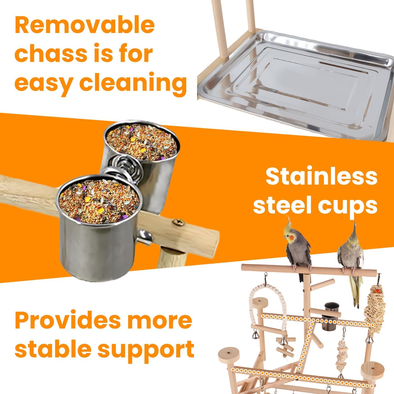 Uandhome Bird Playground,4 Tier Parrots Playstand for Small to Medium Birds, Perch Stand with 3 Ladders Playgym with Rope Perch, Swings Feeder Cups Bird Cage Accessories for Conure Cockatiel Lovebirds image number 5