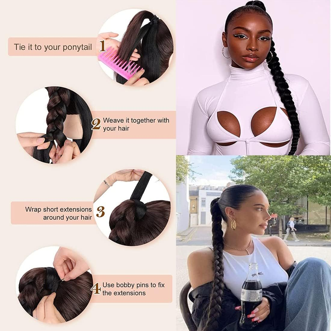 1 X Braid Extensions, Ponytail Extension with Hair Band, for Braiding Long Ponytail Hairpiece for Women, Black image number 2