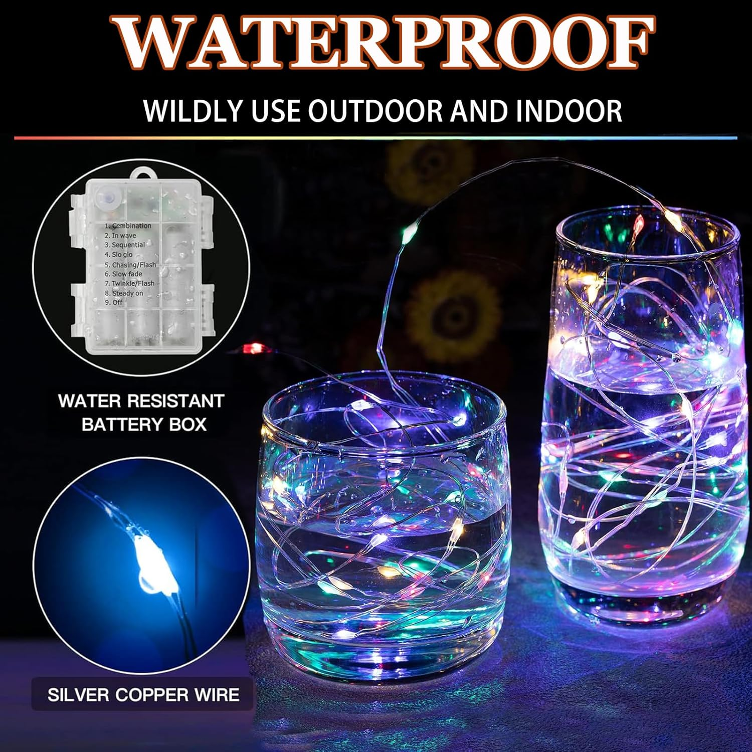 33Ft 100 LED String Lights, 2Packs Multicolor Fairy Lights Battery Operated with 8 Modes Led Twinkle Lights for Bedroom Wedding Birthday Party image number 5