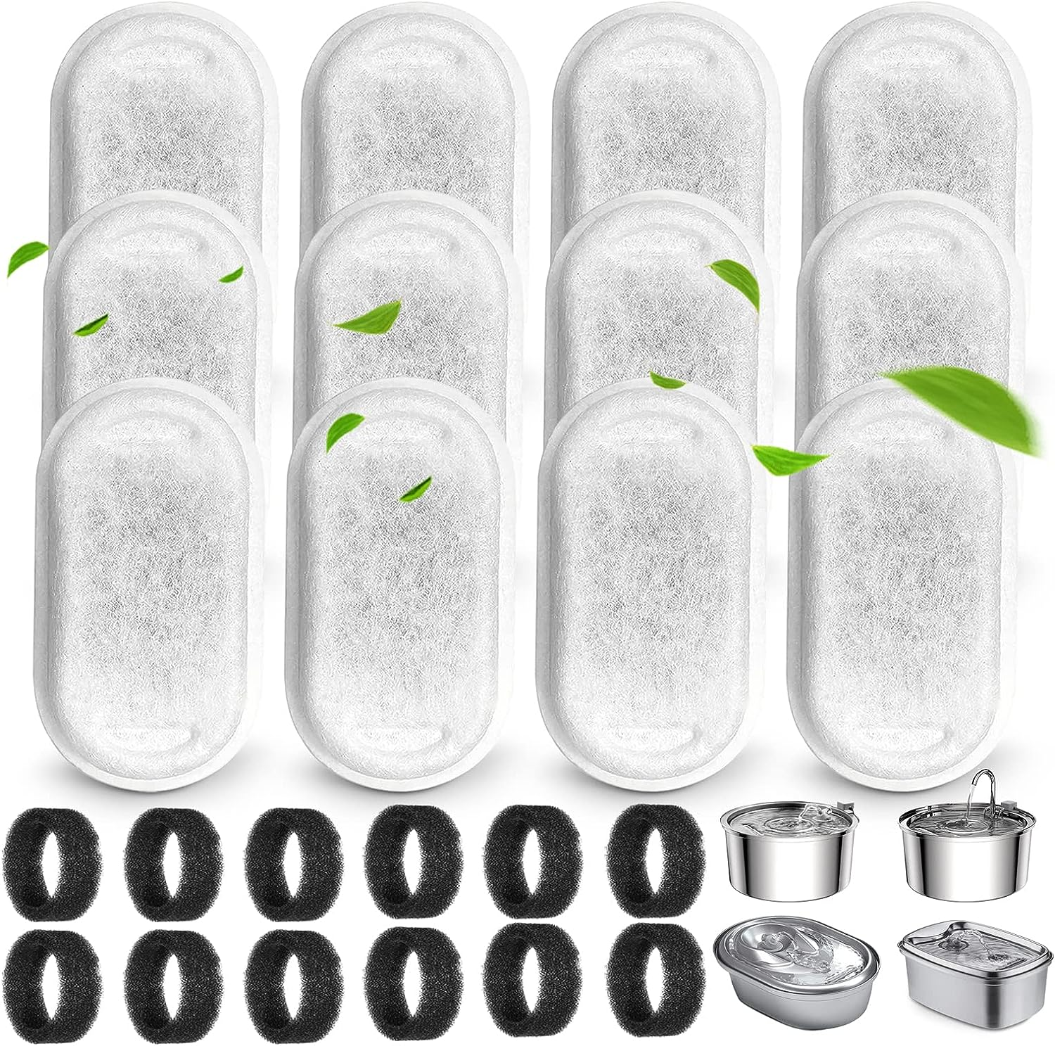 Cat Water Fountain Filters for 108/3.2L& 67Oz/2L Stainless Steel Pet Water Dispenser Fountain Filters,12 Cat Fountain Filter Replacement with 12 Sponges image number 1