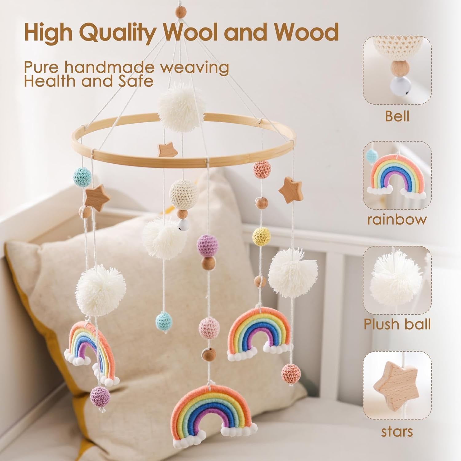Rainbow Baby Mobile Baby Bed, Mobile Changing Table, Mobile Baby Wooden Wind Chime, Mobile Baby Wind Chimes with Felt Balls, Baby Wind Chime Nursery Decoration, Newborn Gift Baby Boys (Red) image number 5
