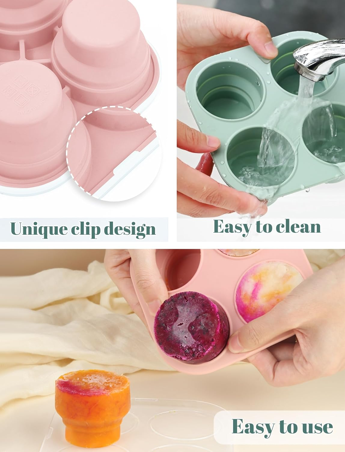 4 Portions Food Grade Silicone Baby Food Freezer Tray with Lid Freezer Storage Tray Baby Popsicle Mold for Homemade Baby Food, Vegetable & Fruit Purees, and Breast Milk Pink image number 3