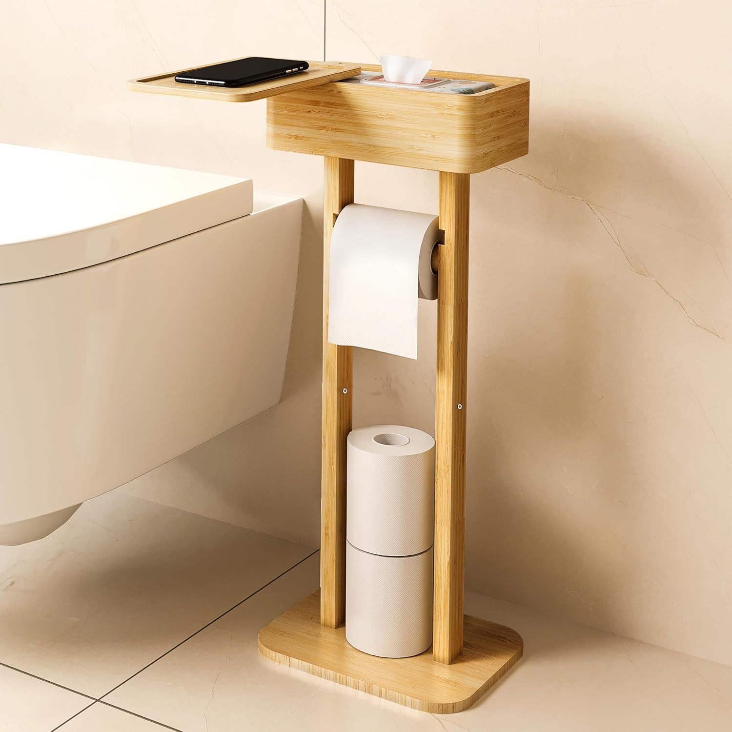Wealone 4-In-1 Toilet Paper Holder Stand with Storage Shelf Box, 360&deg; Rotating Bamboo Free Standing Toilet Tissue Roll, Toilet Wipes Dispenser Organizer Desktop for Bathroom Decor (Patented) image number 2