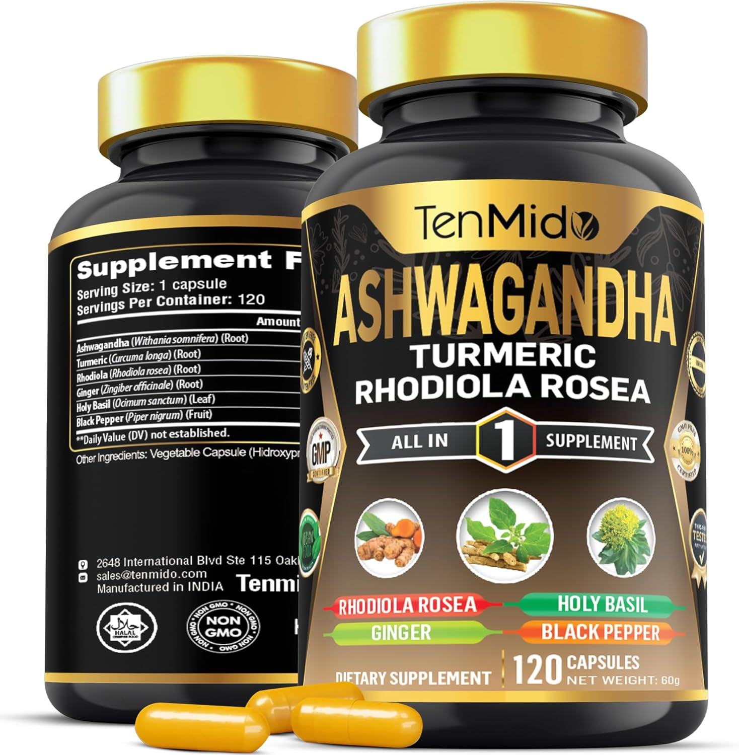 Tenmido Ashwagandha Supplements - 6In1 with Turmeric, Rhodiola, Ginger, Holy Basil & Black Pepper - 120 Vegan & Non-Gmo Capsules image number 6