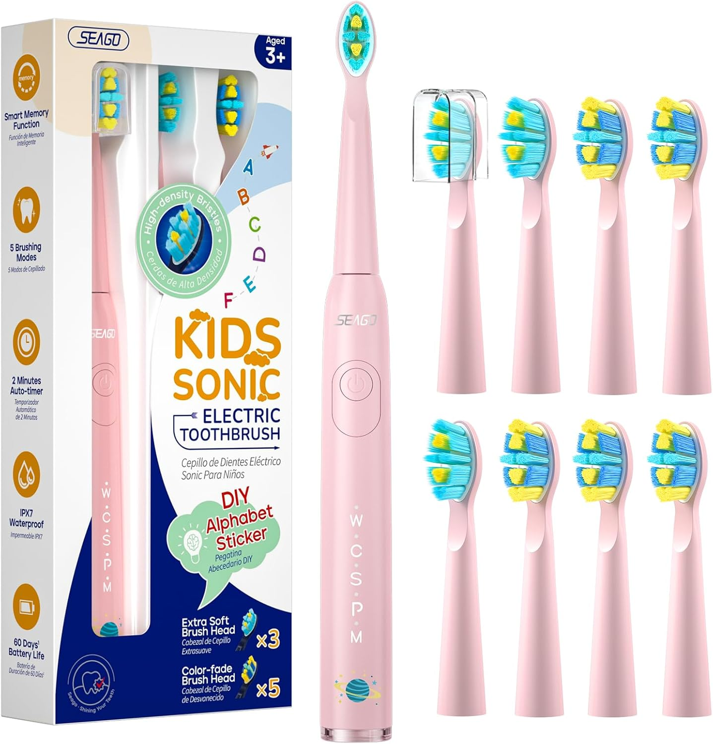 SEAGO Kids Electric Toothbrush, Rechargeable Sonic Soft Bristle with 8 Brush Heads, for Kids and Children, Ages 3-12 (Pink, Normal)