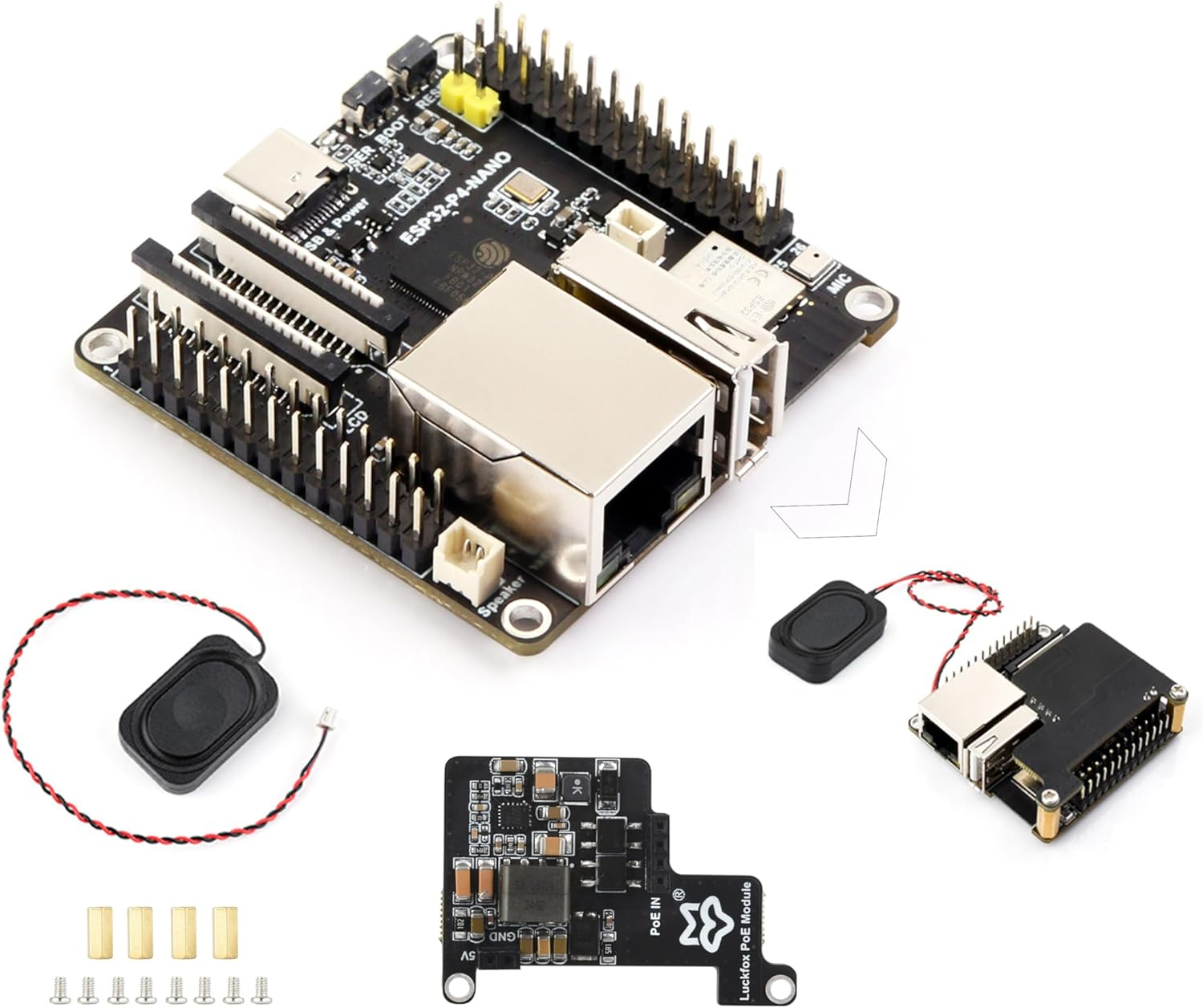 ESP32-P4-NANO Development Board, ESP32-P4 Chip: RISC-V Dual-Core and Single-Core Processors, Human-Machine Interfaces: MIPI-CSI, MIPI-DSI, USB, ETH, Etc. Comes with Speaker and Poe Module, 4 Items
