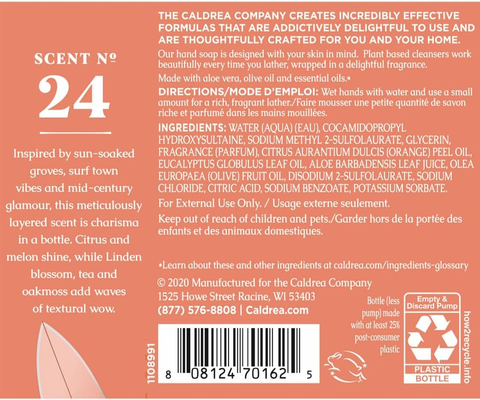 Caldrea Hand Wash Soap, Aloe Vera Gel, Olive Oil and Essential Oils to Cleanse and Condition, Scent, Tangelo Palm Frond 10.8 Fl Oz image number 2