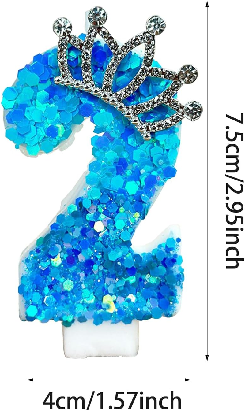 Crown Number 2 Candle 2Nd Birthday Candle for Cake with Sequins, Two Years Old Cake Decoration Party Decor for Birthday Anniversary Celebrations Blue image number 1