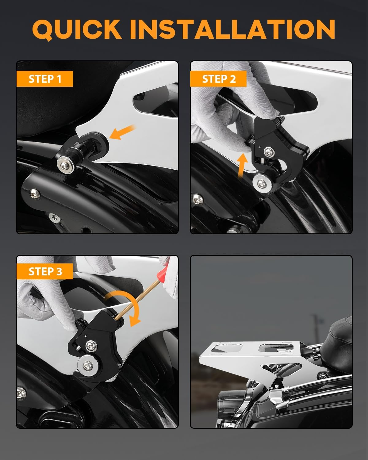 PBYMT Tour Pack Mount Thicker Tour Pack Bracket Detachable Two-Up Luggage Rack Fits for Harley Davidson Touring Street Glide Road King Electra Glide 2014-2025,Chrome - Chrome image number 4