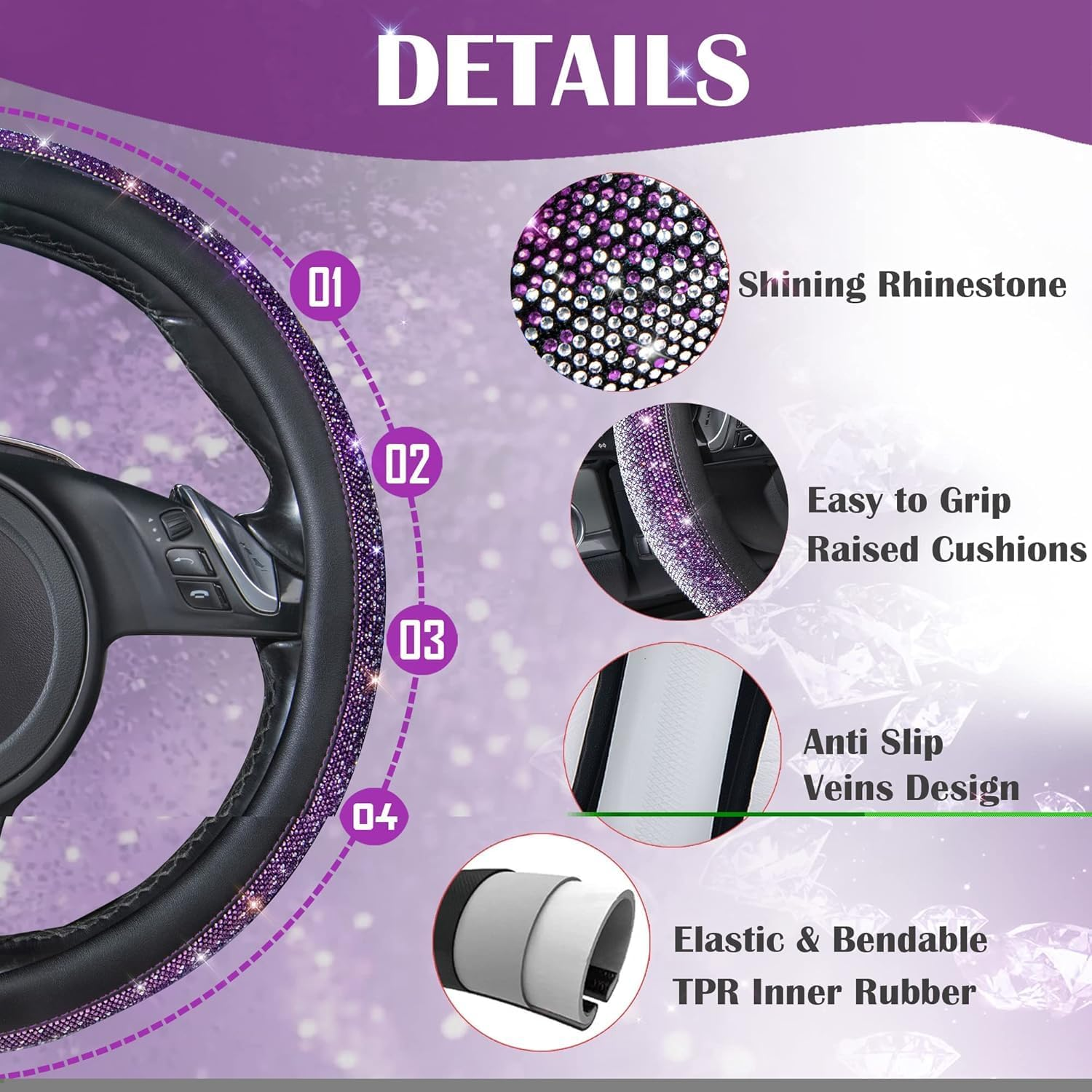 Flying Banner Diamond PU Leather Steering Wheel Cover, with Bling Crystal Rhinestones Universal Fit 14" 1/2-15" Crystal Glitter Fit Suvs,Vans,Sedans,Cars,Trucks (Violet Silver)