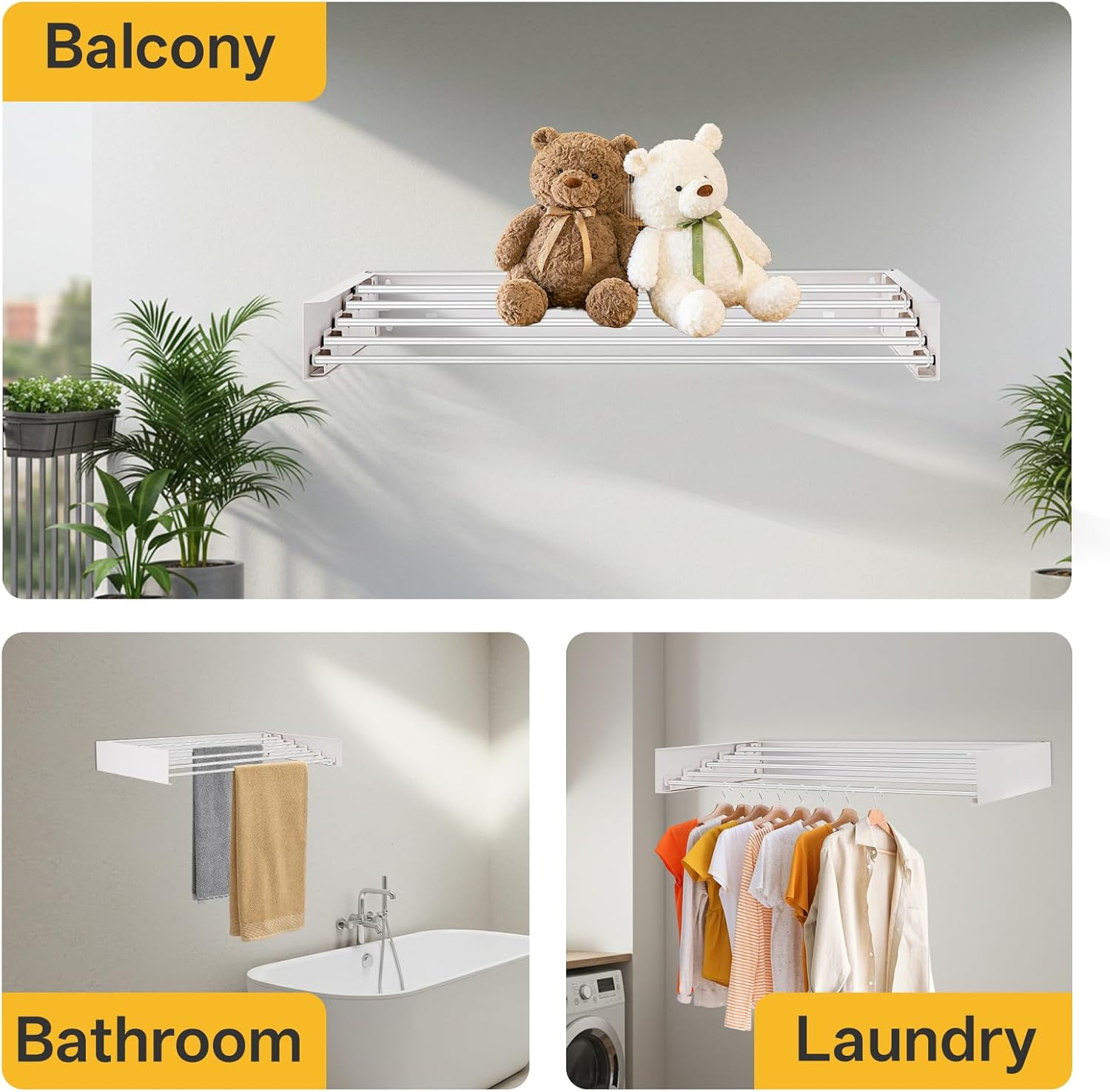 Aubeco Wall Mounted Drying Rack, Foldable Laundry Racks for Clothing, Towel, 5 Stainless Steel Rods, 31.5Inch, White image number 1