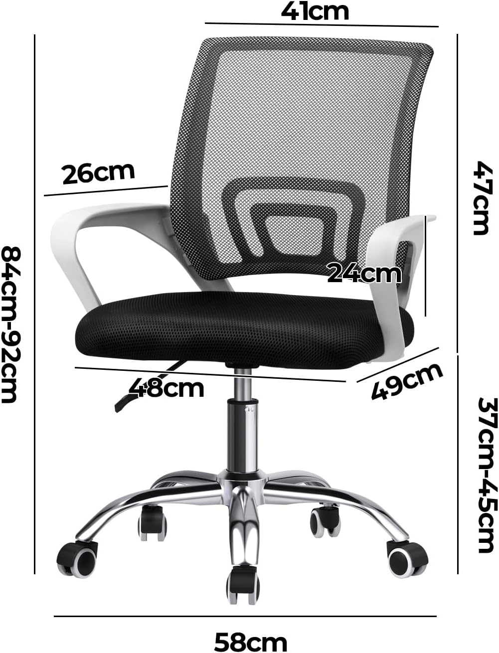 Oikiture Mesh Back Desk Chair with Lumbar Support and 150Kg Capacity Home Office Ergonomic Chair Armrest White and Black image number 4