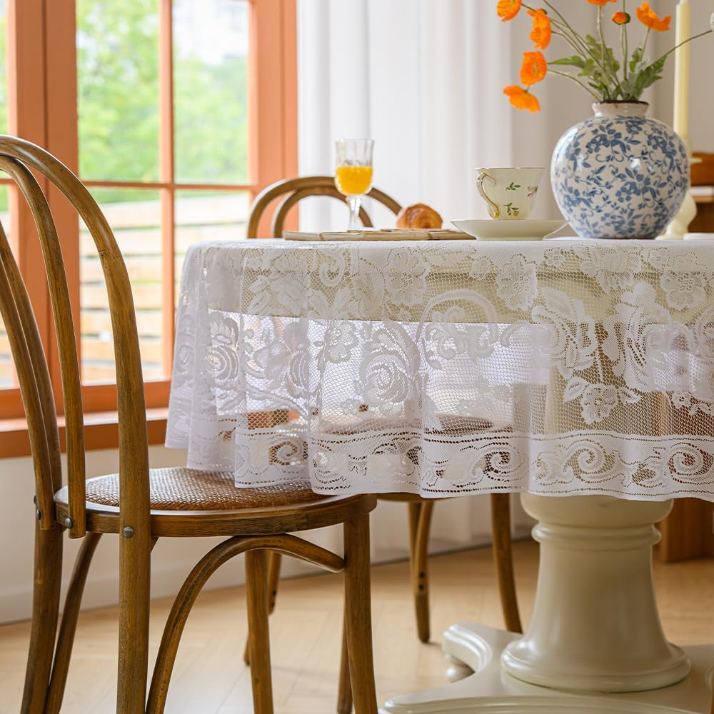 Anaado Lace round Table Cloth for Dining Table 70 In, round Table Cover, White, 180CM
