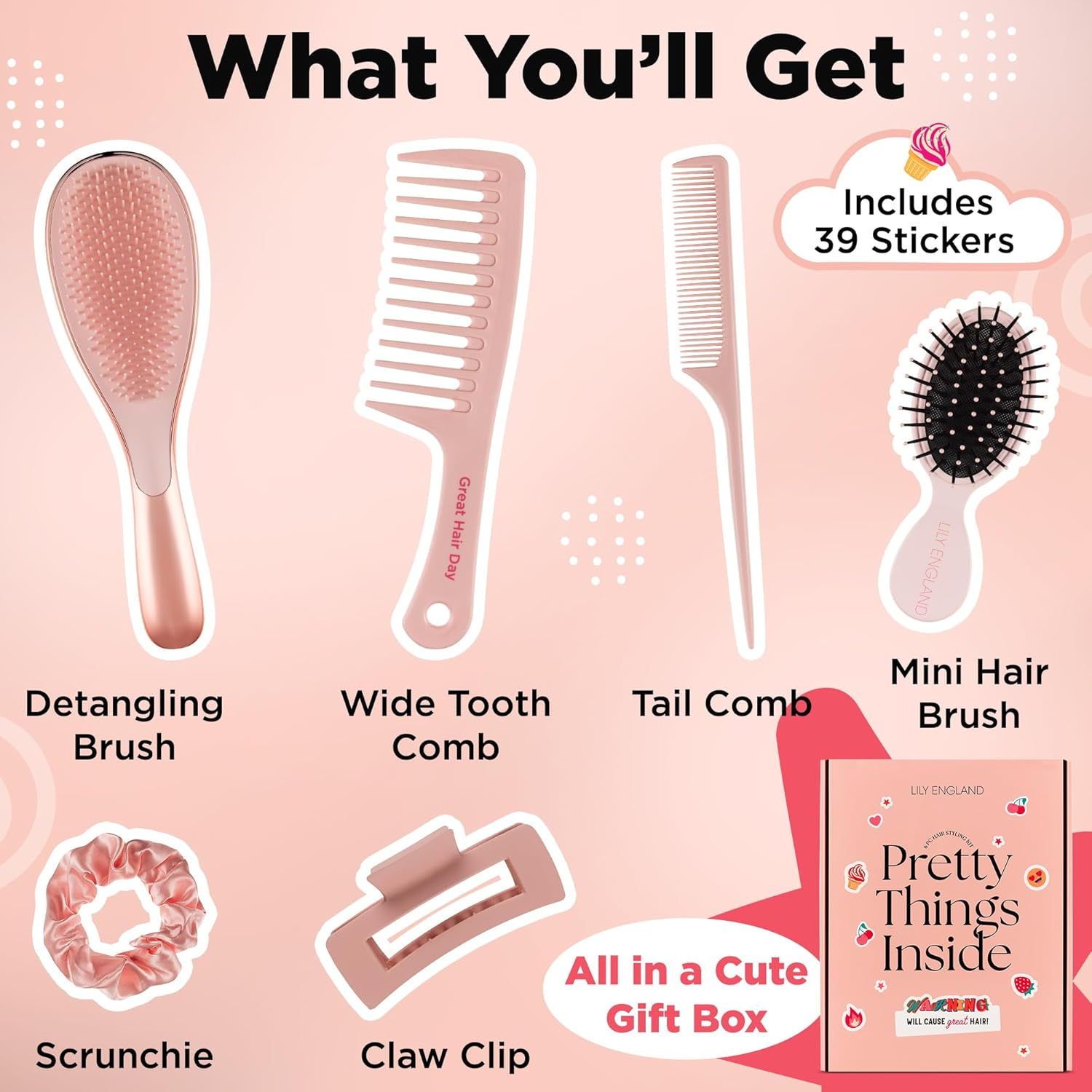 Lily England Detangle Hair Brush for Thick, Curly & Straight Hair - Fun Stocking Fillers for Teenage Girls & Kids with Decorative Stickers - Teenage Girl Gift (Rose Gold, 6 Pack + 39 Stickers)