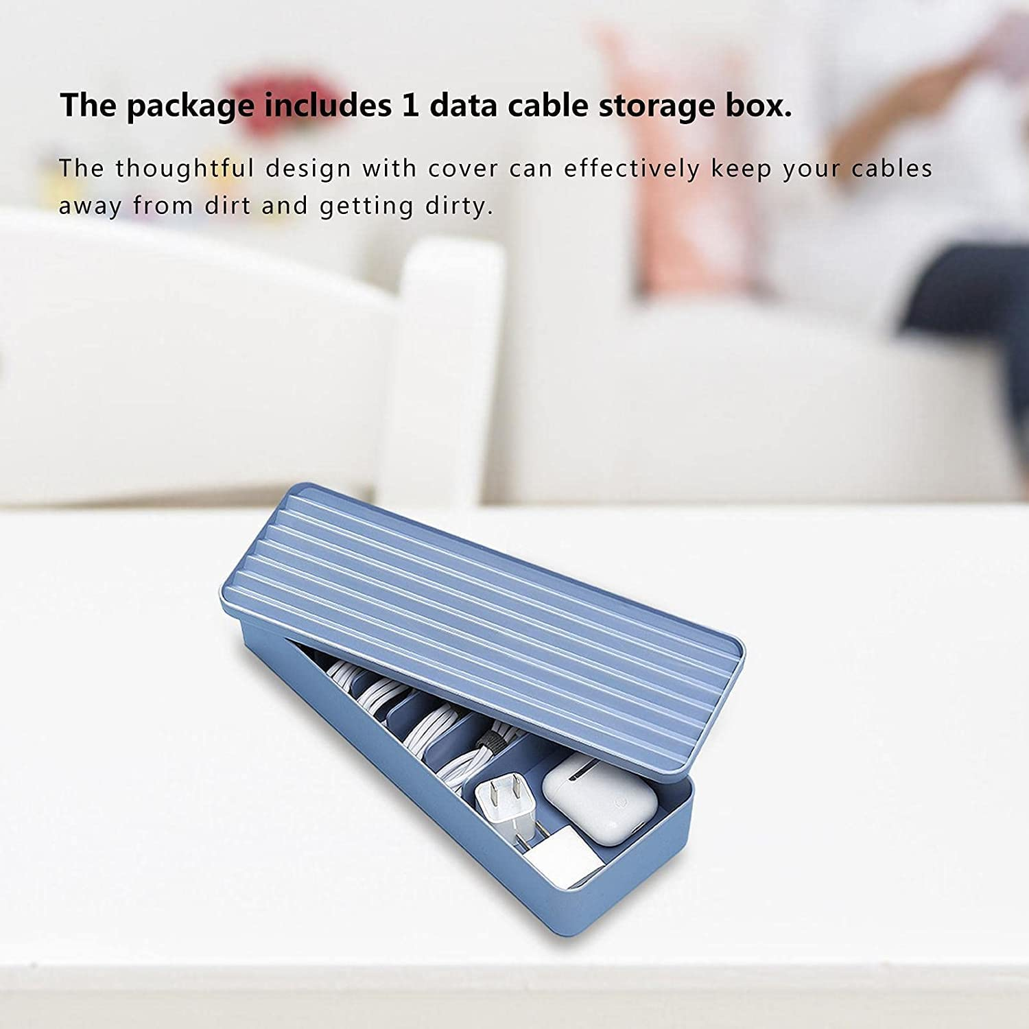 Cable Storage Box, Power Cord Organizer, Cable Management Case, USB Cord Sorter with Lid & 7 Compartments 10 Wire Ties Desk Accessories Storage for Office Stationery Supplies, Makeup Box (Blue) image number 1