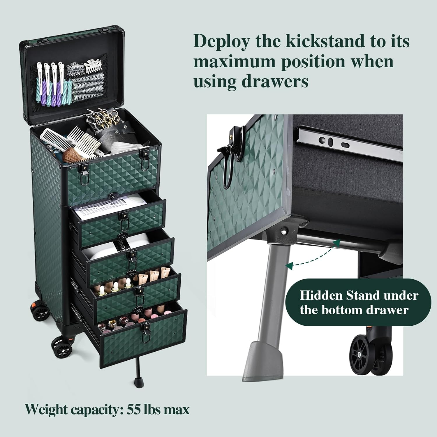 Yueieoun Nail Salon Cart with 4 Drawers,Rolling Makeup Train Case for Beauty,Cosmetology Case on Wheels Trolley Cart,Lockable Organizer Travel Case for Manicure/Face Painting/Hairstylist,Dark GREEN image number 2