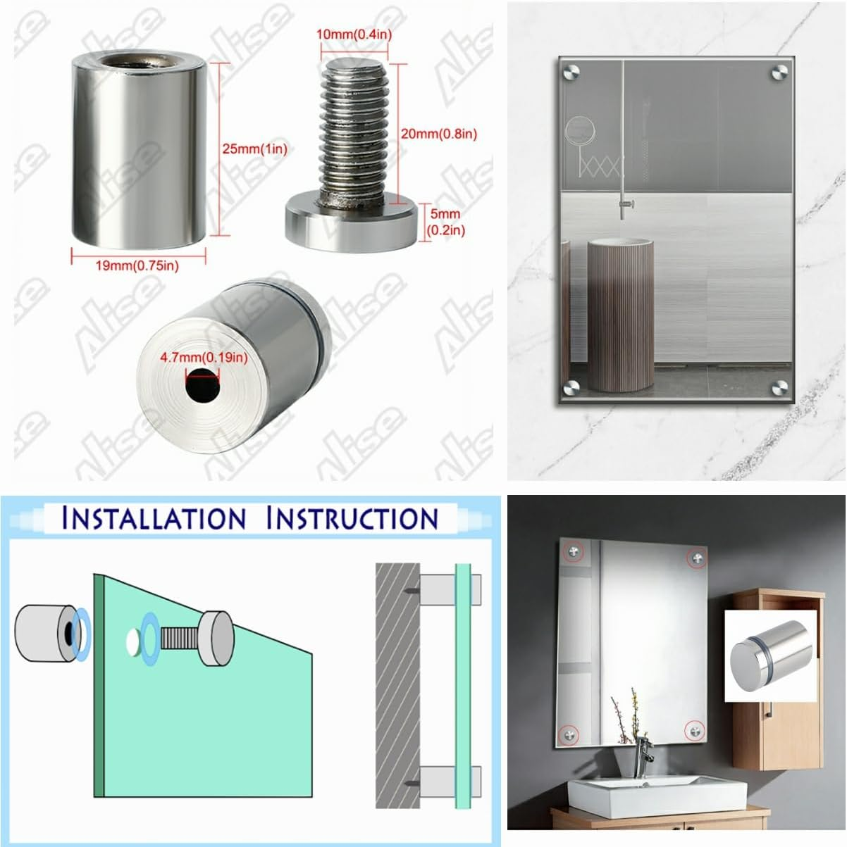 Alise 3/4"X1" Sign Standoff Screws,Wall Mount Glass Standoff Advertising Nail for Hanging Acrylic Picture Frame Glass Acrylic Signs,Stainless Steel Sign Mounting Bracket Hardware,Brushed,Pack of 8