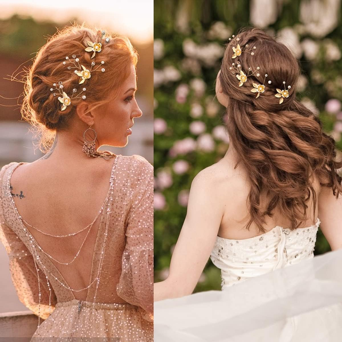 5 Pieces Gold Leaf Hair Pins Flower Pearl Hair Forks Bridal Hair Clips Headpiece Vintage Wedding Hair Accessories for Women Girls Brides Bridesmaids Flower Girls(Classic) image number 1