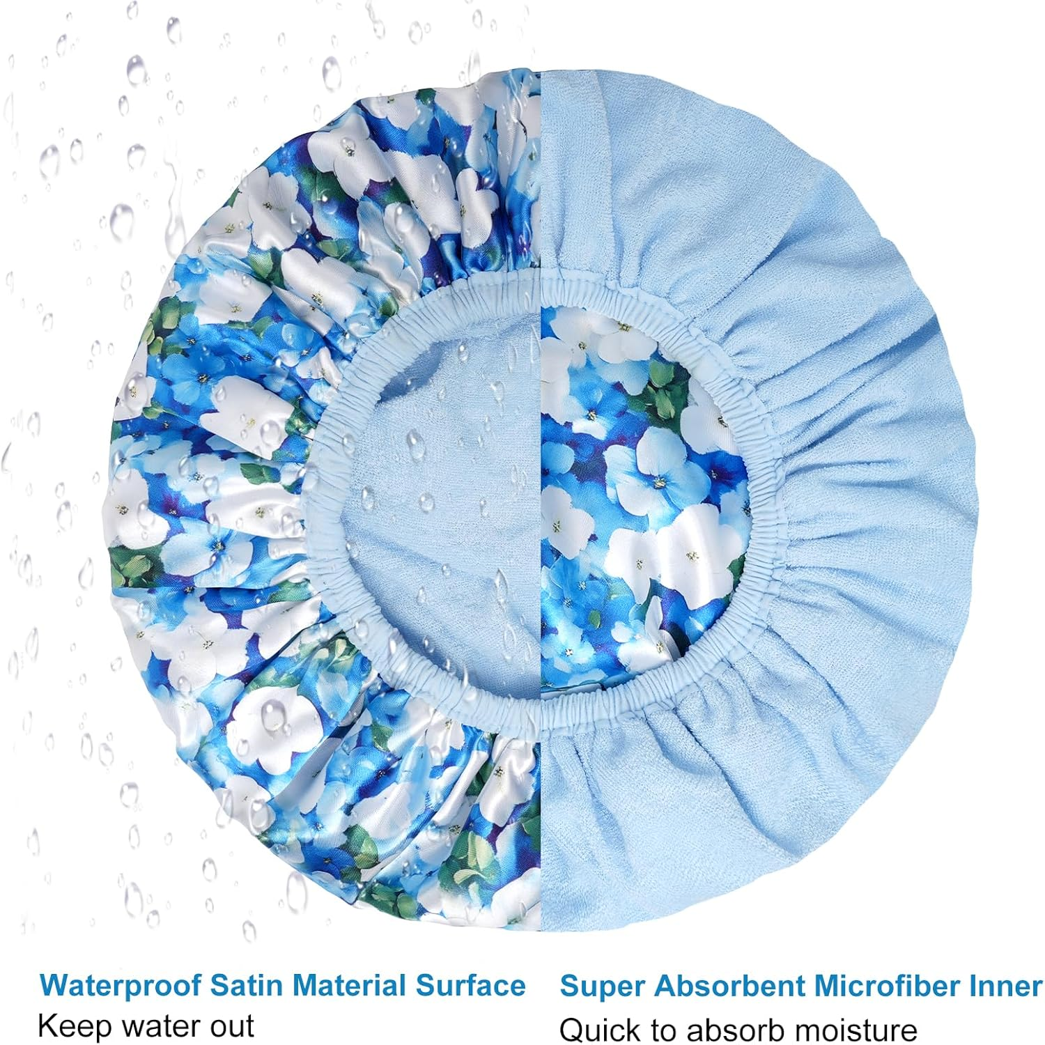 Upgraded Waterproof Terry Shower Caps, Reusable Shower Cap for Women with Long Hair, Soft Absorbent Hair-Protecting Towel Lining Bath Cap, Large Leak-Proof Hair Cap with Fashionable Print Outer-Blue - Blue image number 6