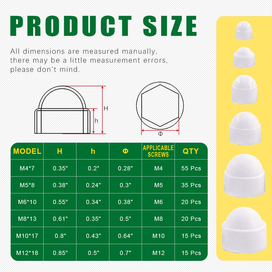 Keadic 160Pcs Bolt Covers Screw Caps Plastic Nut Assortment Kit with Organizer Box, M4 M5 M6 M8 M10 M12 Durable Nylon Insert Locknut for Matching Screws or Bolts, White