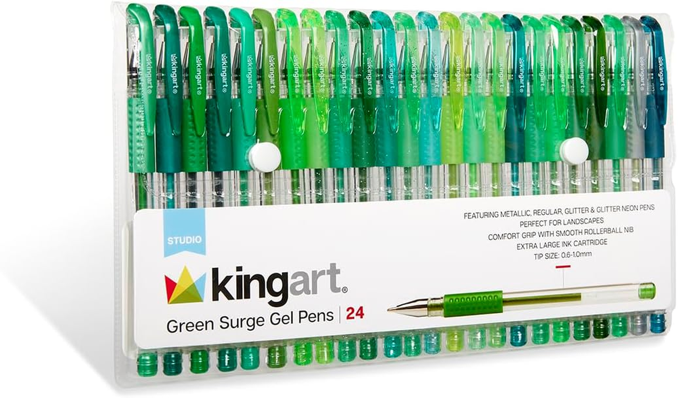 KINGART 400-24G Green Tones Rollerball Gel Pens, Set of 24 Colors, XL Ink Cartridge - More Ink, All Ages, Writing, Coloring, Doodling, Scrapbooking, Journaling & More image number 1