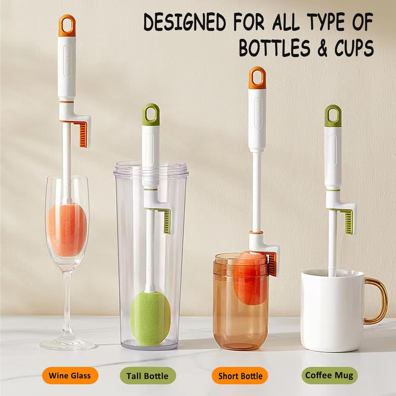 Ever Vibrant Baby Bottle Brush 4 in 1 Multifunctional Bottle Cleaner Set for Cleaning Tall, Short, Wide & Skinny Water Bottles and Cups, 1 Straw Brush and 2 Replacement Heads Included image number 1