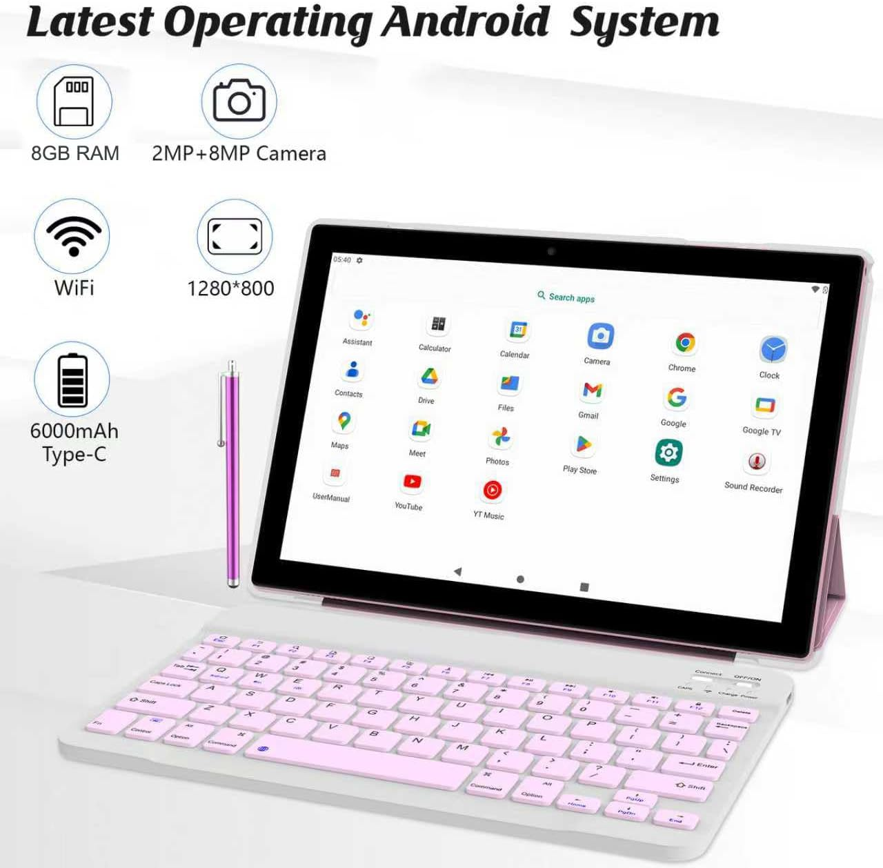 2 in 1 Tablet 10 Inch Android 14 OS Tableta, Tablets with Keyboard, Mouse, Case, Stylus, 64GB ROM+8GB RAM, 2MP+8MP Dual Camera, Quad Core Processor, 6000Mah Battery, 10.1 in FHD Tab (Pink) image number 4