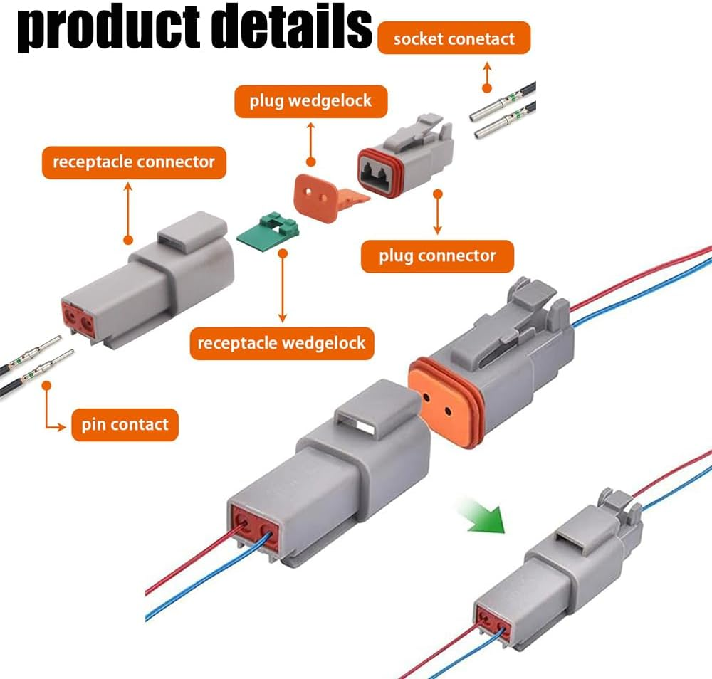 Paifeancodill 2 Pin Deutsch DT Connector Kit, IP68 Waterproof Electrical Automative DT Connectors Kit with 12Pairs Size 16 Stamped Contacts 16-18 AWG, for Car Truck Boat, 6 Sets image number 4